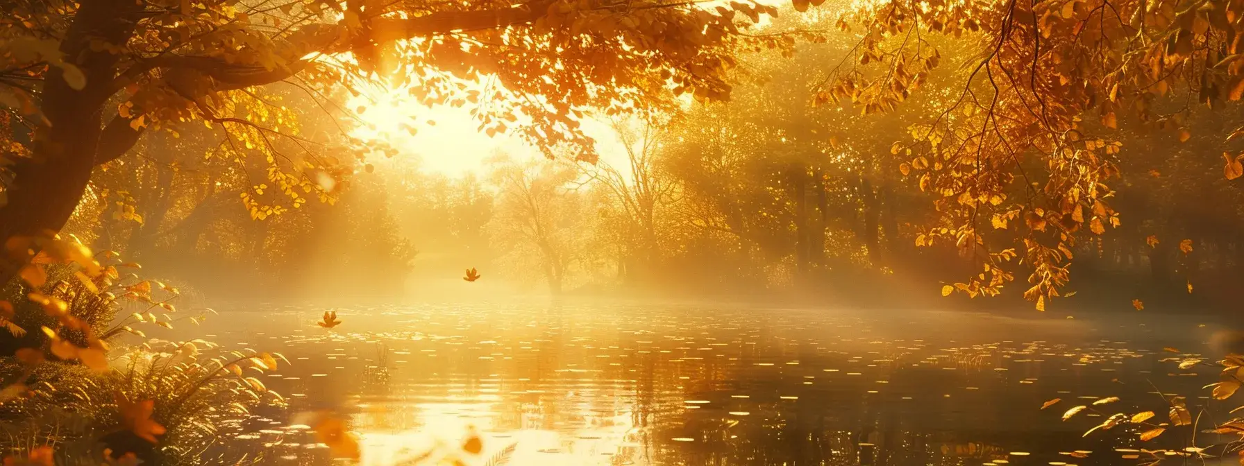 a radiant sunrise casts golden light over a tranquil lake, where vibrant autumn leaves reflect in the calm waters, creating a serene and picturesque landscape.