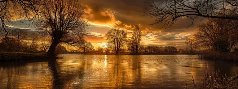 a radiant sunset casts golden hues over a tranquil lake, while silhouetted trees frame the horizon, creating a breathtaking atmosphere of serene beauty.