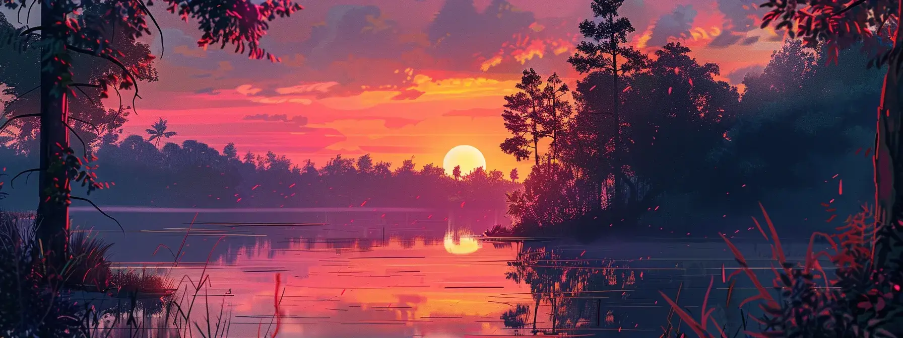 a radiant sunset casts vibrant hues of orange and pink over a serene lake, reflecting the glowing sky amidst silhouettes of tall, leafy trees.