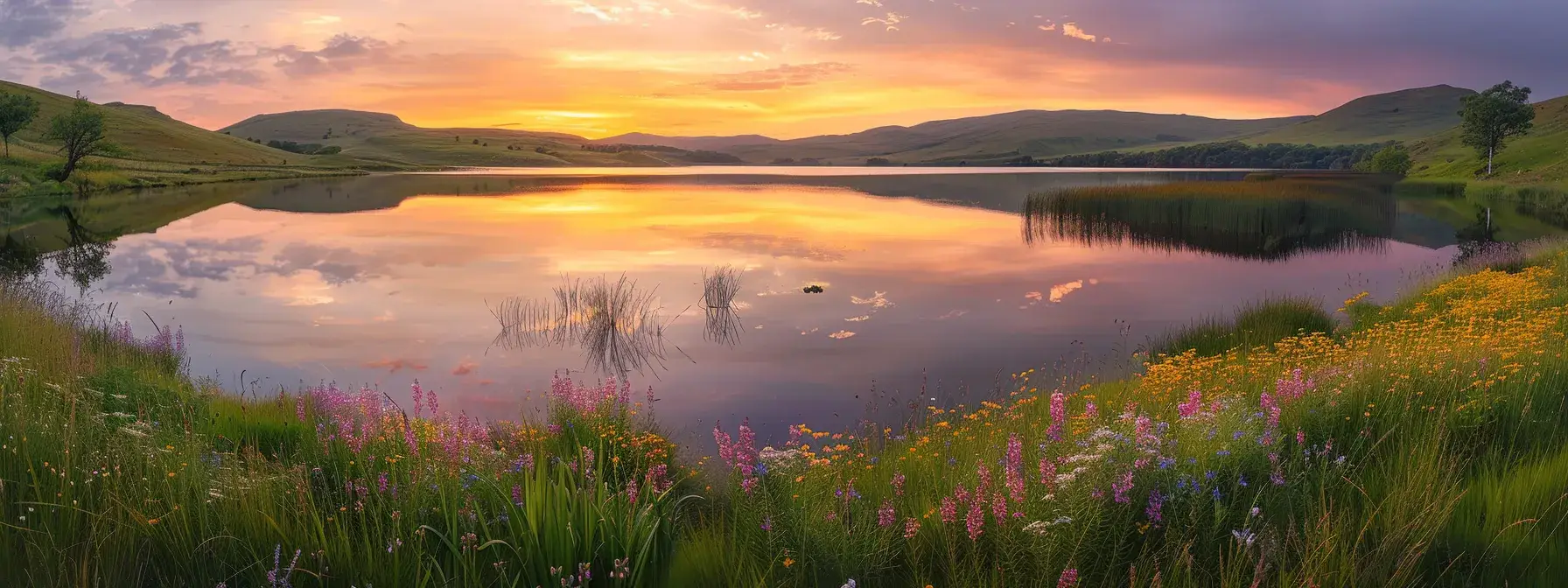 a serene landscape captures a tranquil lake at sunrise, its glassy surface reflecting the vibrant hues of orange and pink skies, framed by lush green hills and scattered wildflowers.