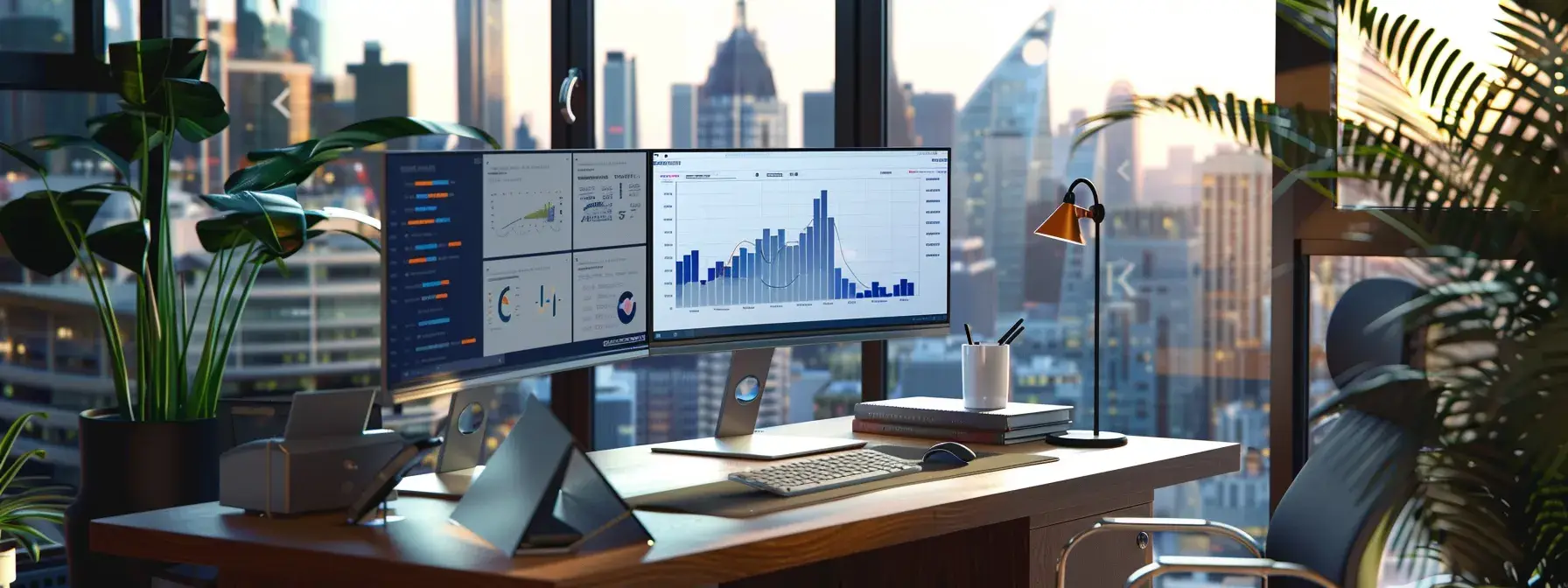 a sharply focused office space features a sleek modern desk adorned with a dual monitor setup displaying vibrant graphs and metrics, reflecting the analytical precision essential for refining real estate marketing strategies.