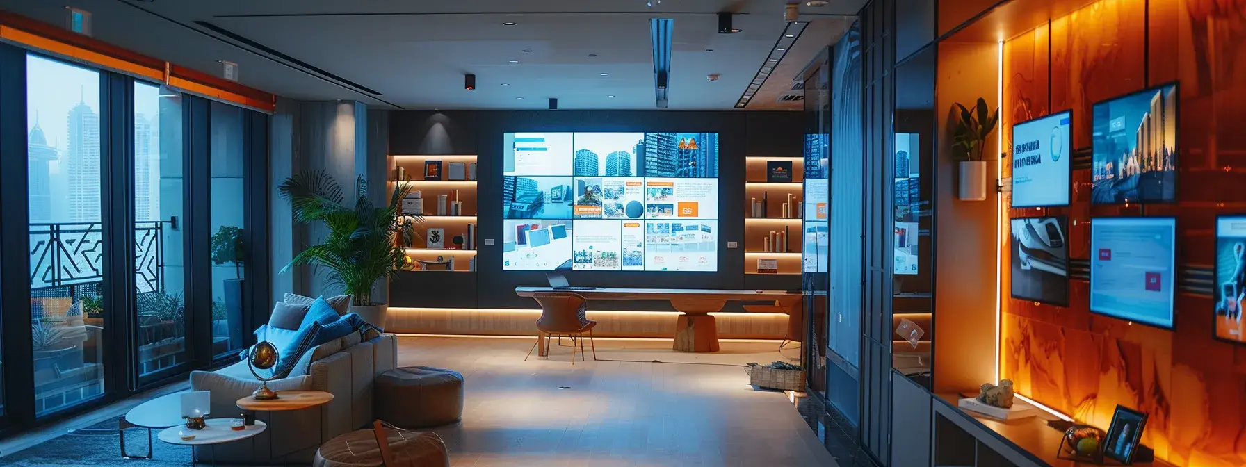 a sleek and modern real estate office features a glowing digital screen displaying an interactive chatbot interface, surrounded by elegant property listings, creating an inviting atmosphere for potential clients.