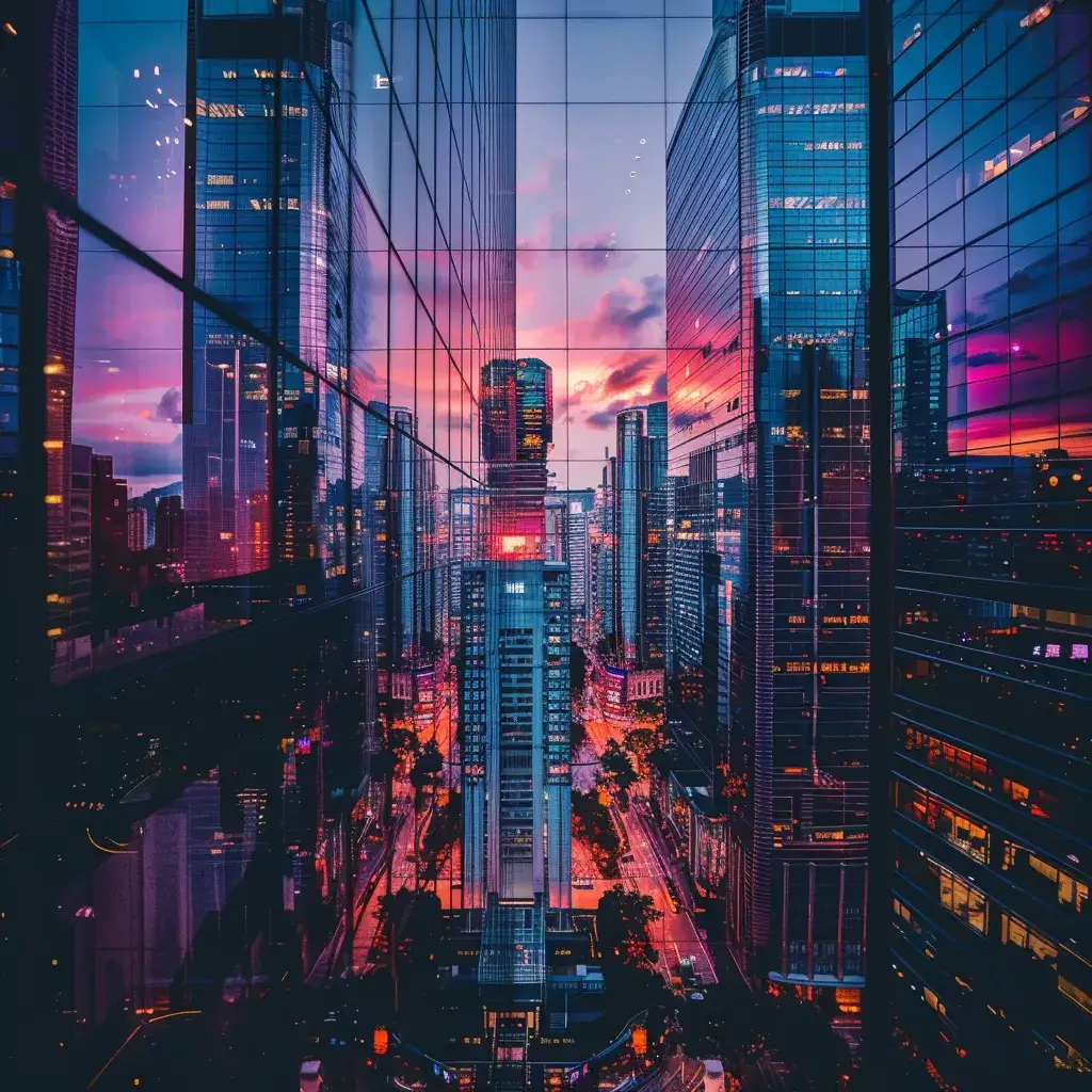 a sleek, bustling cityscape at dusk, showcasing vibrant neon lights reflecting off glass skyscrapers, emphasizing the dynamism and energy of urban life.