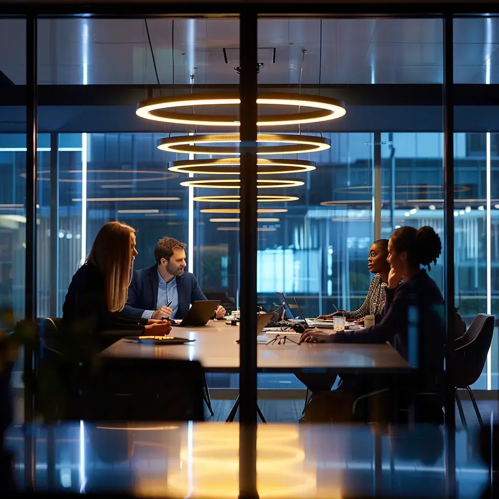 a sleek, modern office bathed in warm artificial lighting showcases a team of diverse professionals engaged in an enthusiastic brainstorming session around a large conference table.