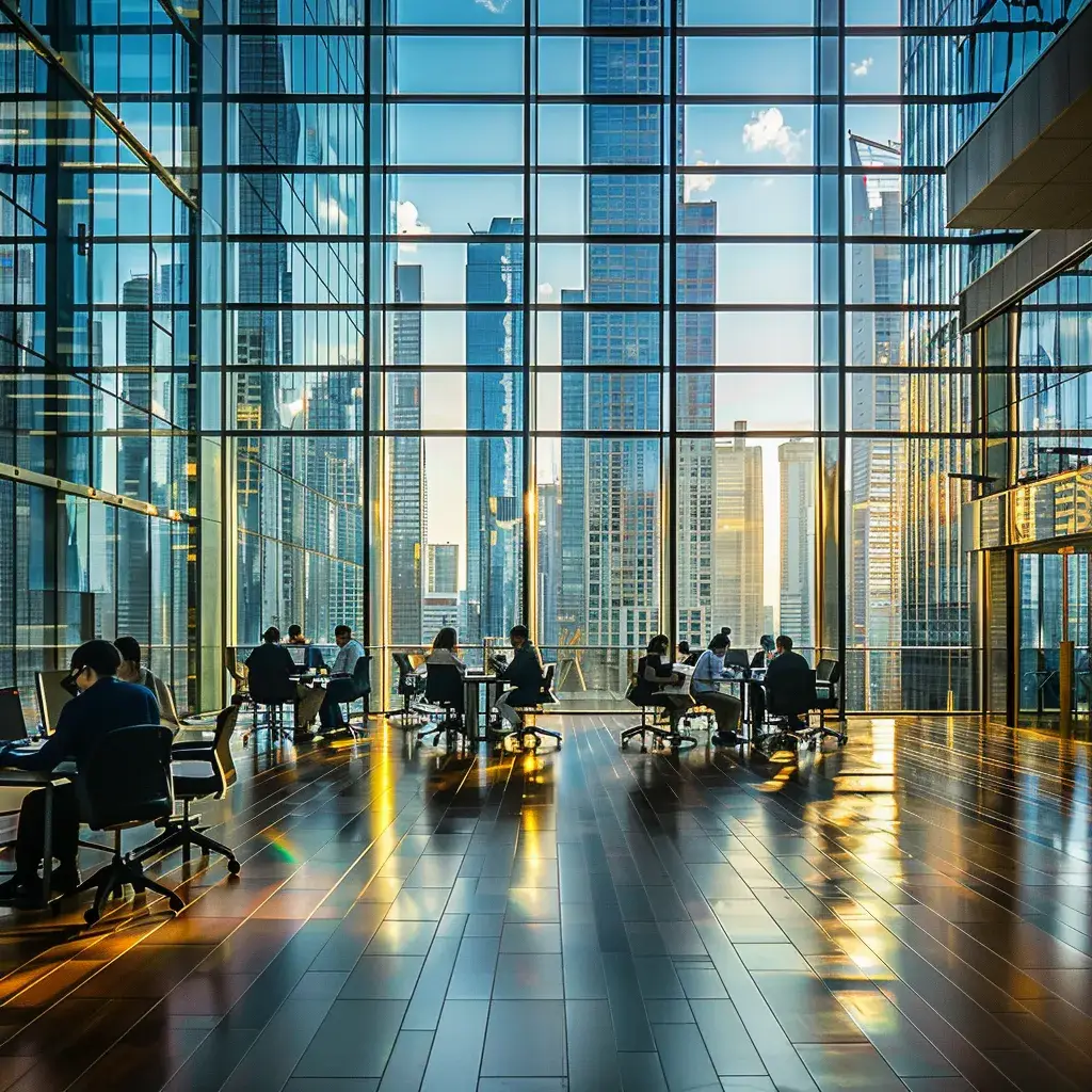 a sleek, modern office bustling with diverse professionals collaborating over high-tech devices, framed by large glass windows that showcase a vibrant urban skyline.