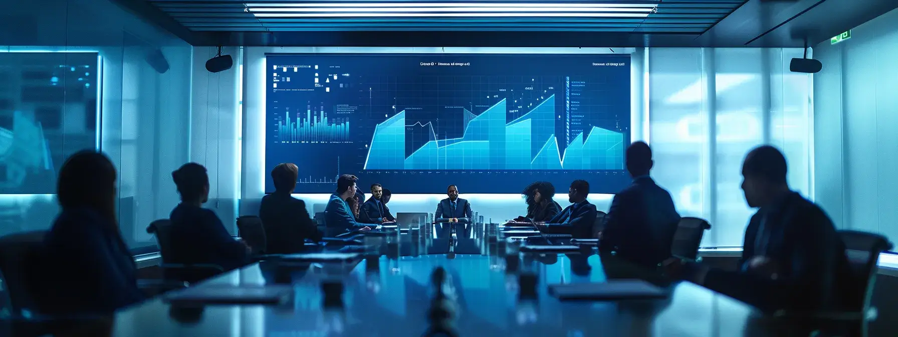 a sleek, modern office conference room features a large digital screen displaying analytics graphs and charts related to successful event tracking, with engaged professionals discussing strategies around a polished table.