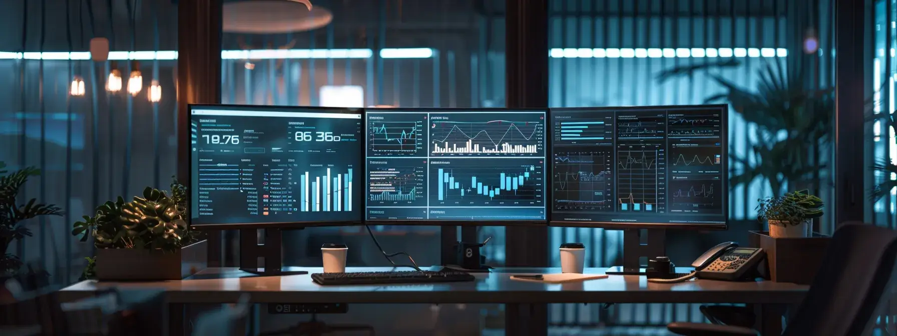 a sleek, modern office desk is cluttered with multiple screens displaying detailed analytics and graphs, reflecting advanced techniques for optimizing facebook pixel usage in real estate retargeting.