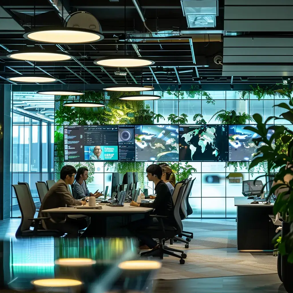 a sleek, modern office environment features a focused business professional engaged in a dynamic brainstorming session, surrounded by vibrant digital displays and sleek furniture that conveys innovation and collaboration.