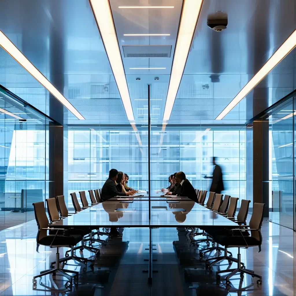 a sleek, modern office environment buzzes with productivity, showcasing diverse professionals engaged in dynamic collaboration around a large, glossy conference table illuminated by vibrant overhead lights.