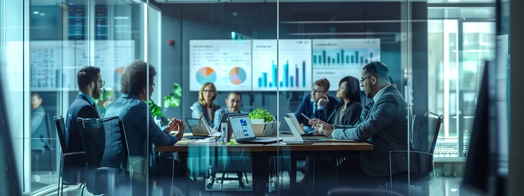 a sleek, modern office environment showcases a diverse team collaborating around a high-tech conference table, analyzing user behavior data on digital screens while brainstorming innovative website updates and a/b testing strategies.