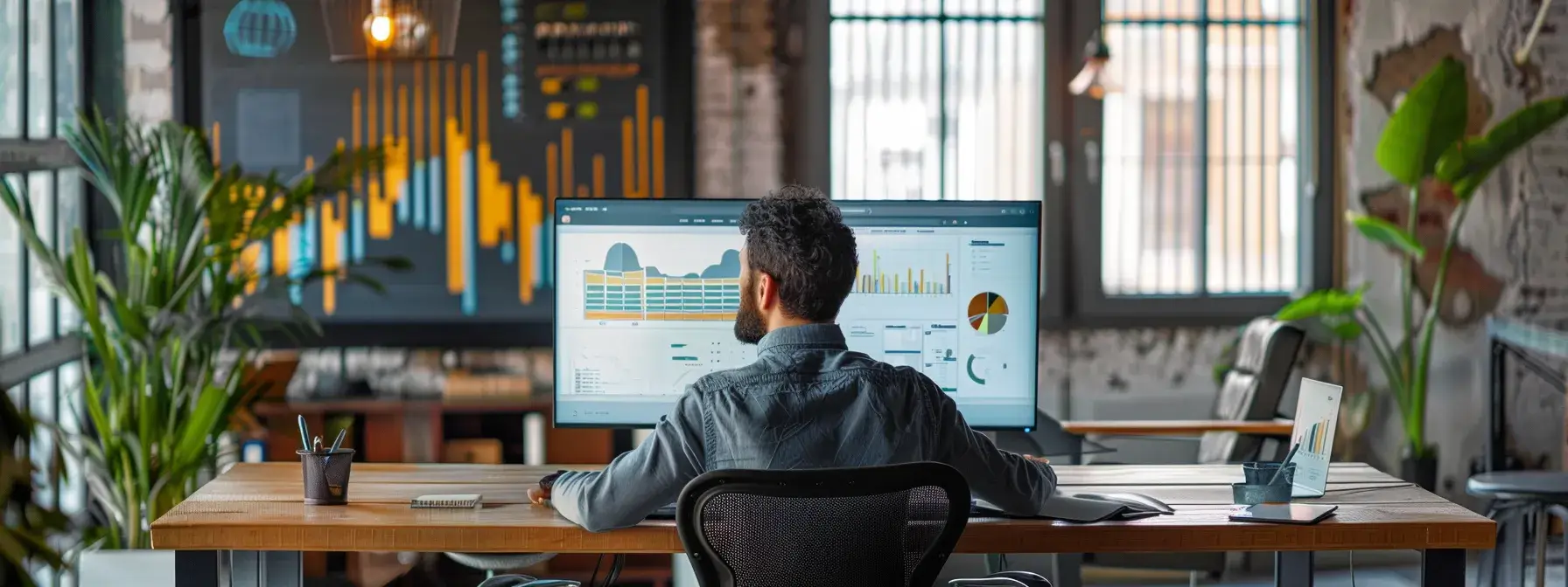 a sleek, modern office environment showcases a focused real estate professional analyzing social media metrics on a large screen, surrounded by vibrant charts and graphs that illustrate successful online strategies.