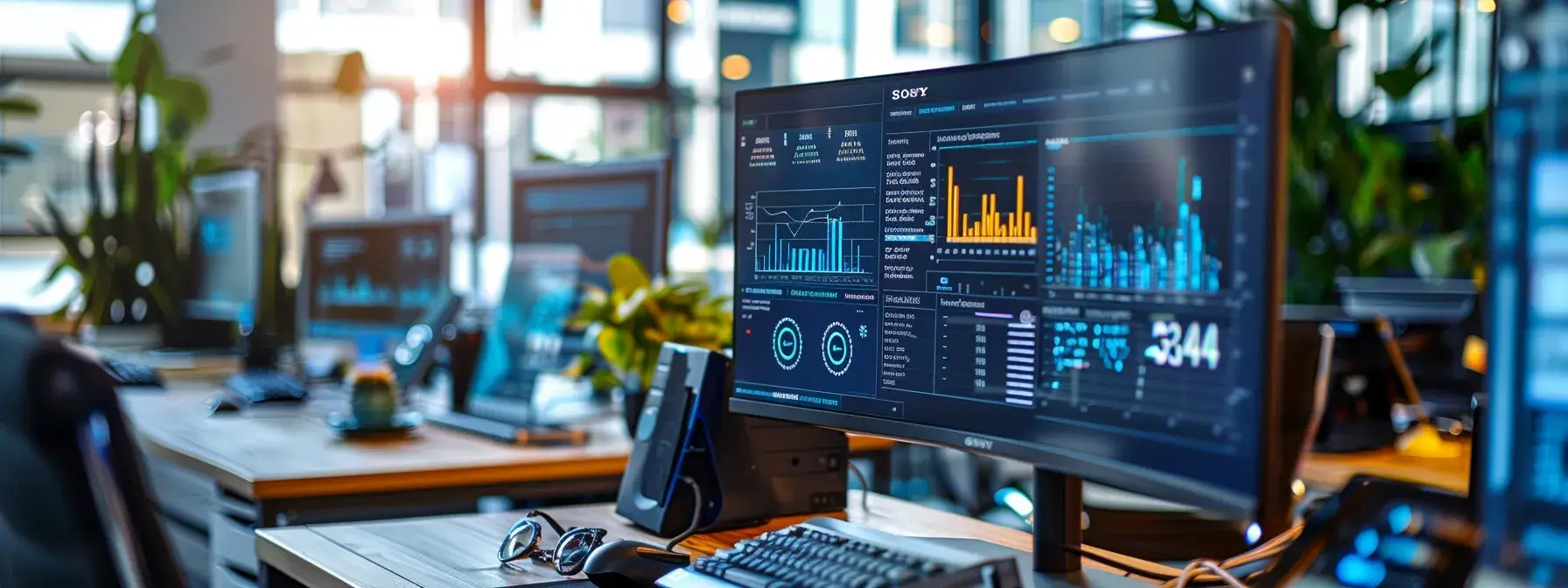 a sleek, modern office environment features a high-tech computer setup displaying an intricate dashboard of automated email marketing metrics and personalized communication strategies, illustrating advanced automation techniques for real estate outreach.