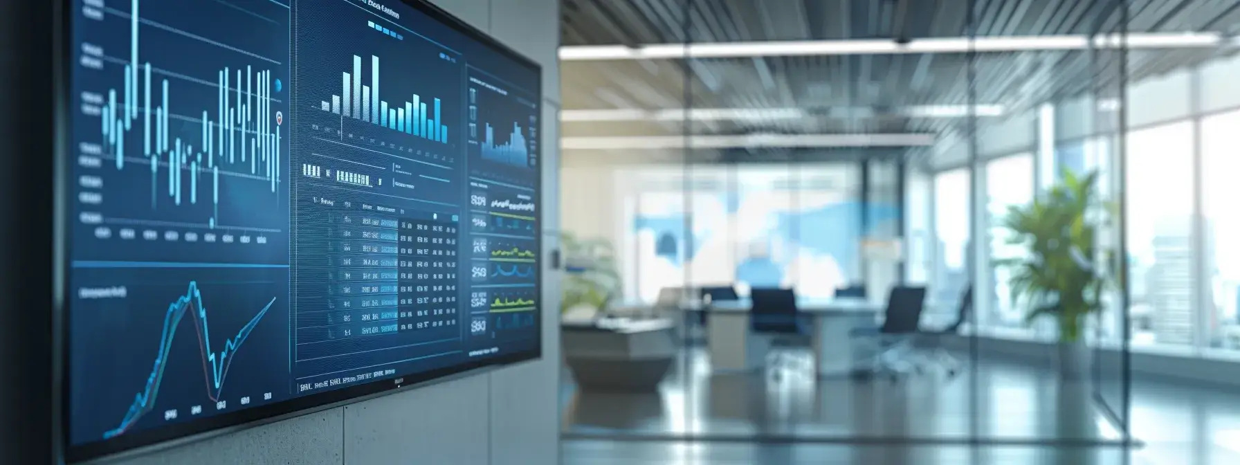 a sleek, modern office environment featuring a large digital screen displaying detailed analytics and performance metrics, emphasizing the strategic adjustments made to enhance realtor landing page conversion rates, illuminated by focused artificial lighting to create a professional atmosphere.