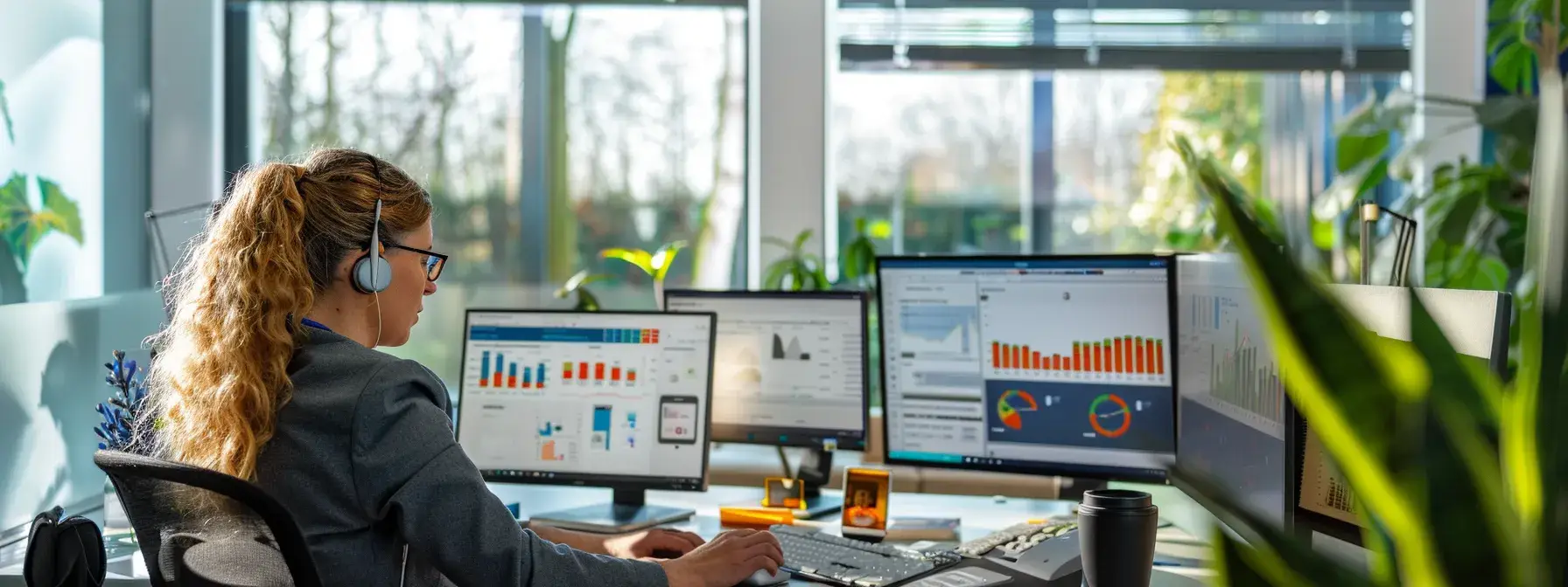 a sleek modern office featuring a vibrant workspace with detailed dashboards displayed on multiple screens, illustrating the advanced features of a crm tool, while a focused realtor reviews user feedback on a digital tablet, embodying the essence of strategic business decision-making.