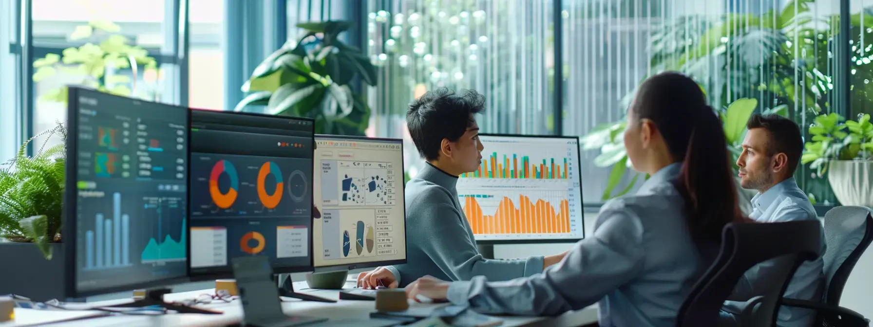 a sleek, modern office filled with engaged professionals reviewing digital graphs and compliance documents on large monitors, highlighting the meticulous analysis of privacy policies and data tracking practices for real estate websites.