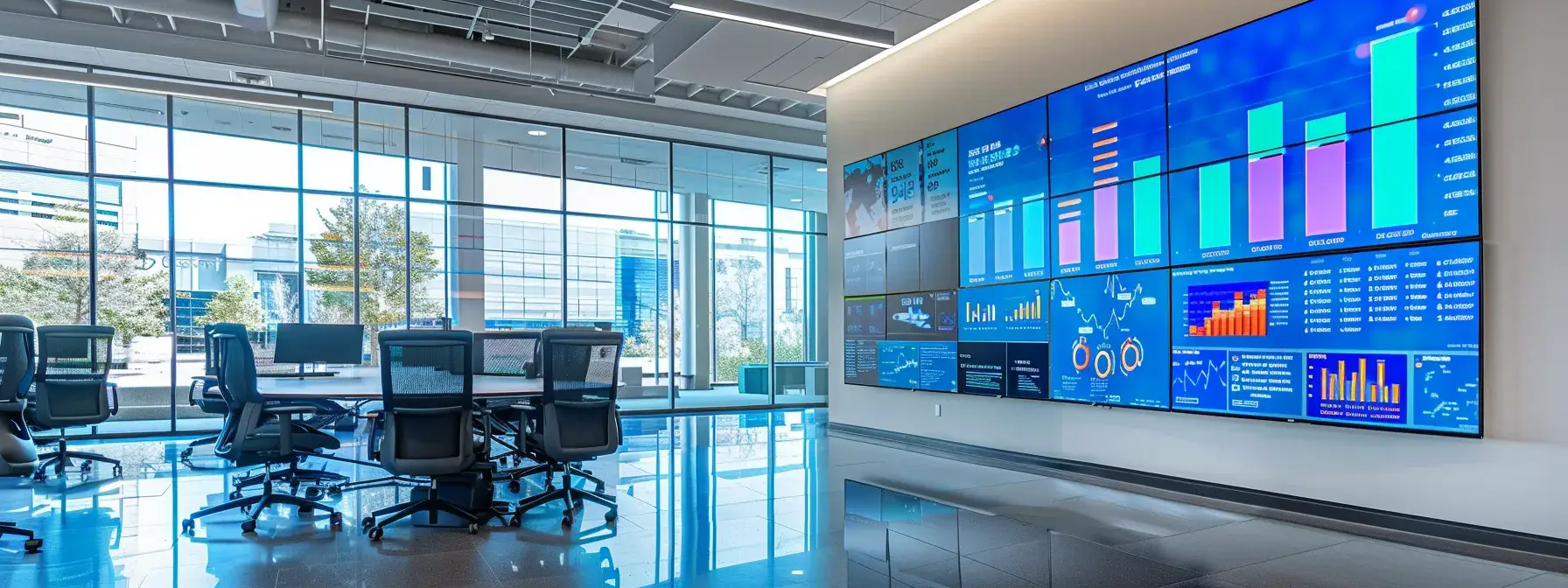 a sleek, modern office interior features a large digital screen displaying vibrant analytics dashboards alongside mockups of attention-grabbing billboard designs, illustrating the strategic intersection of technology and real estate marketing.