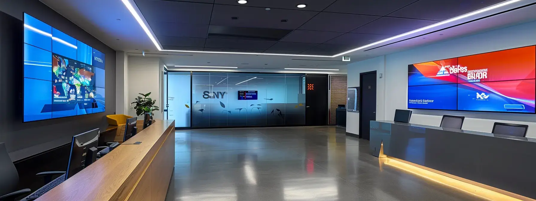 a sleek, modern office setting showcases a large digital screen displaying vibrant graphic designs and video marketing content, while a stylish desk features essential digital marketing tools and personalized branding materials, conveying innovation and professionalism in realtor branding.