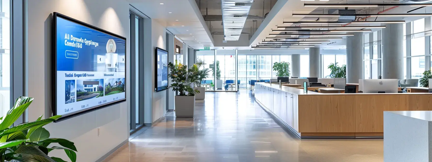 a sleek, modern office setting showcases a digital display screen highlighting dynamic real estate ads, illustrating the power of retargeting with vibrant graphics that engage potential clients while emphasizing brand credibility and personalized marketing strategies.