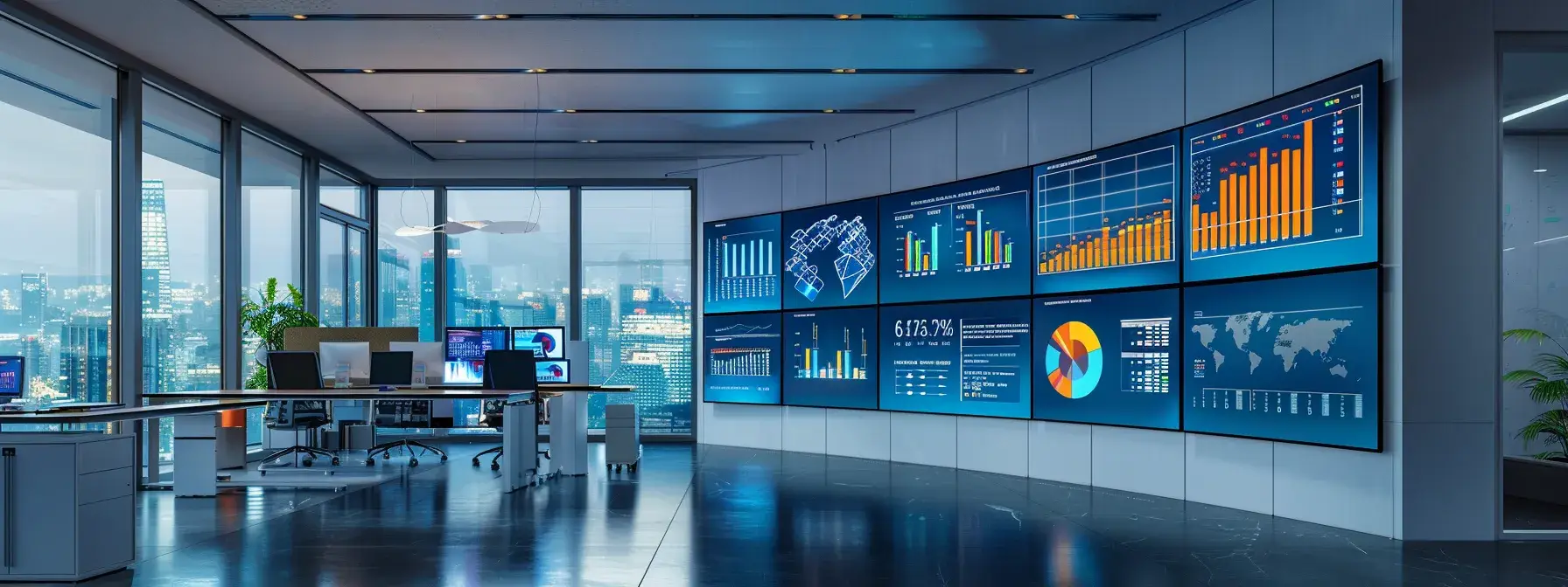 a sleek, modern office space features multiple screens displaying colorful charts and performance metrics, conveying a dynamic atmosphere of data-driven decision-making and strategic growth in a real estate context.