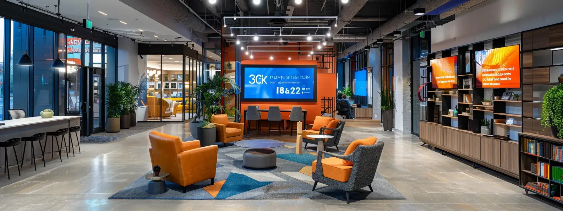 a sleek, modern office space buzzes with energy as realtors engage in an interactive webinar on email marketing strategies, surrounded by vibrant displays of recommended books and digital screens showcasing engaging online courses.