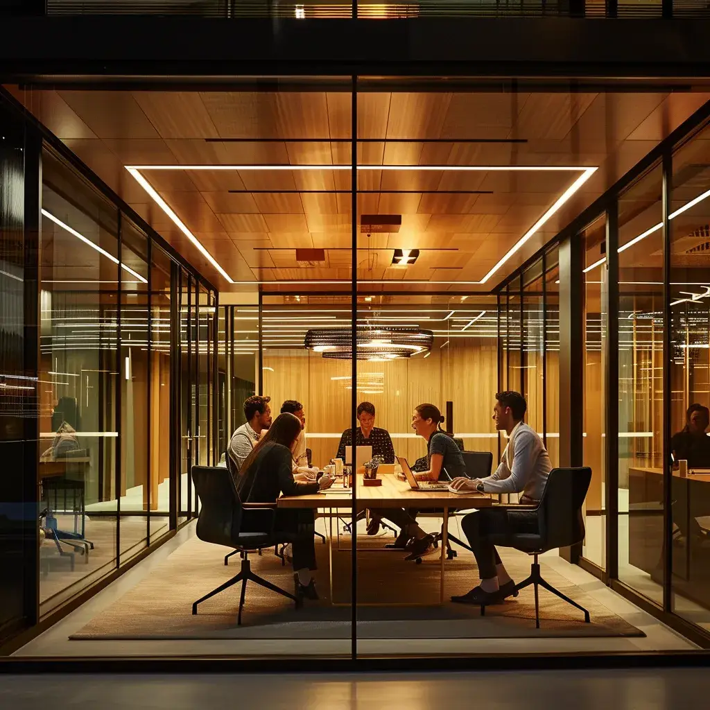 a sleek, modern office space with glass partitions and rich wooden accents, illuminated by soft overhead lighting, showcases a diverse group of professionals engaged in an animated brainstorming session around a central conference table.