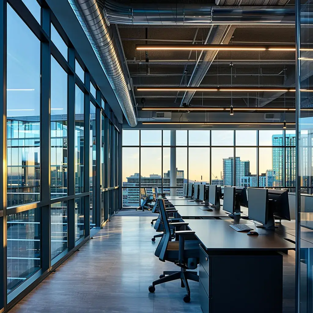 a sleek, modern office space is illuminated by bold, streaming light through large glass windows, showcasing advanced technology and collaborative workspaces filled with engaged professionals at sleek desks.