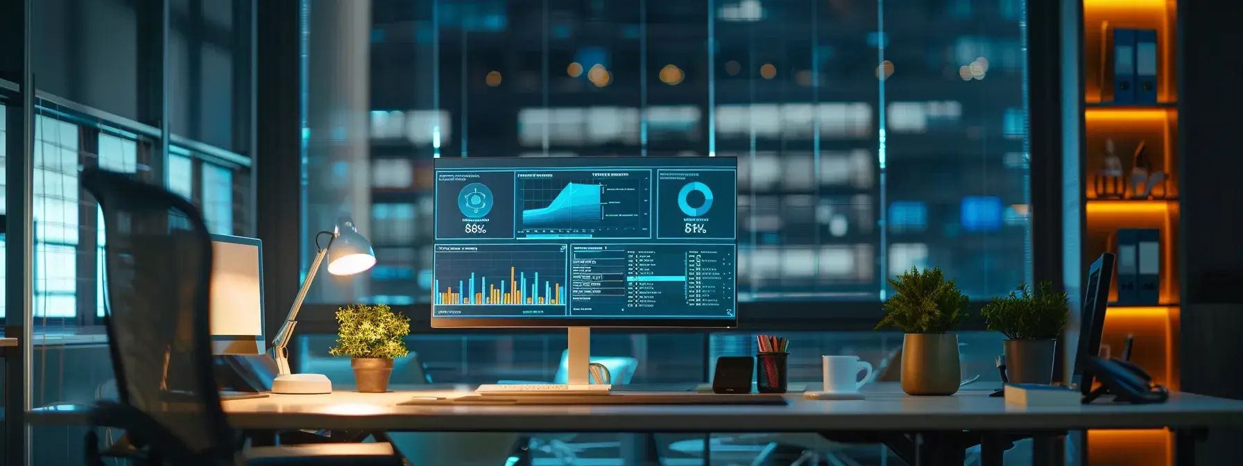 a sleek, modern office space featuring a glowing computer screen displaying a sophisticated crm interface, surrounded by dynamic visualizations of lead management data, symbolizing the seamless integration of chatbots and technology for heightened productivity.