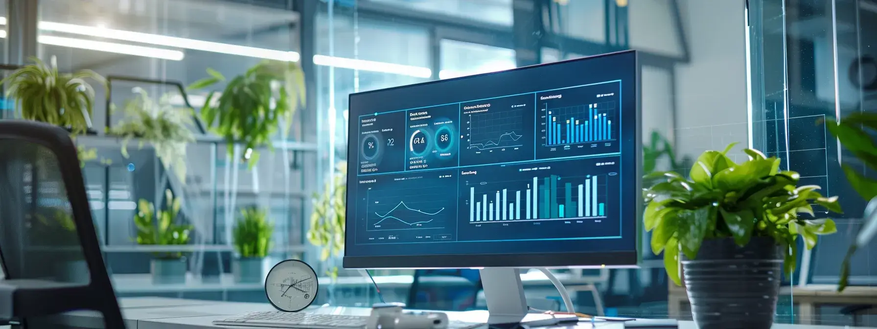 a sleek, modern office space showcases a high-tech computer screen displaying mobile-responsive landing pages, with data analytics charts and graphs vividly illustrating user behavior and conversion rates, emphasizing digital innovation in real estate.