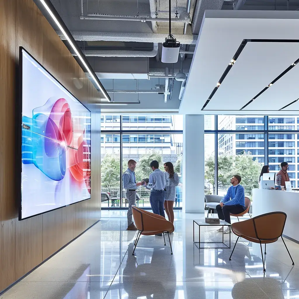a sleek, modern office space is filled with vibrant technology and dynamic teamwork, as professionals collaborate around a large digital display showcasing innovative ideas and concepts.