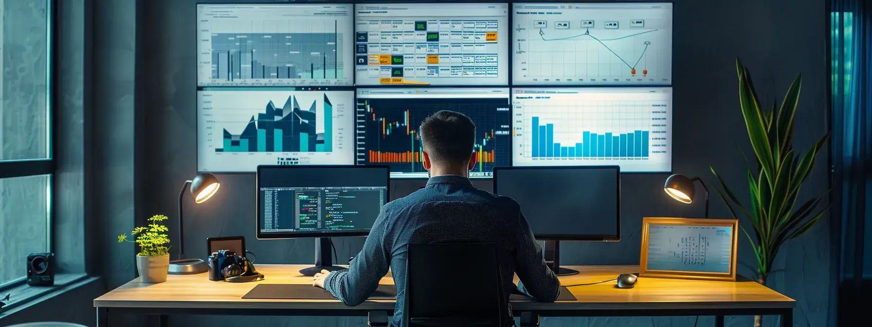 a sleek, modern office space showcases a professional analyzing vibrant data dashboards on dual monitors, with a focus on lead metrics and user engagement trends displayed prominently.