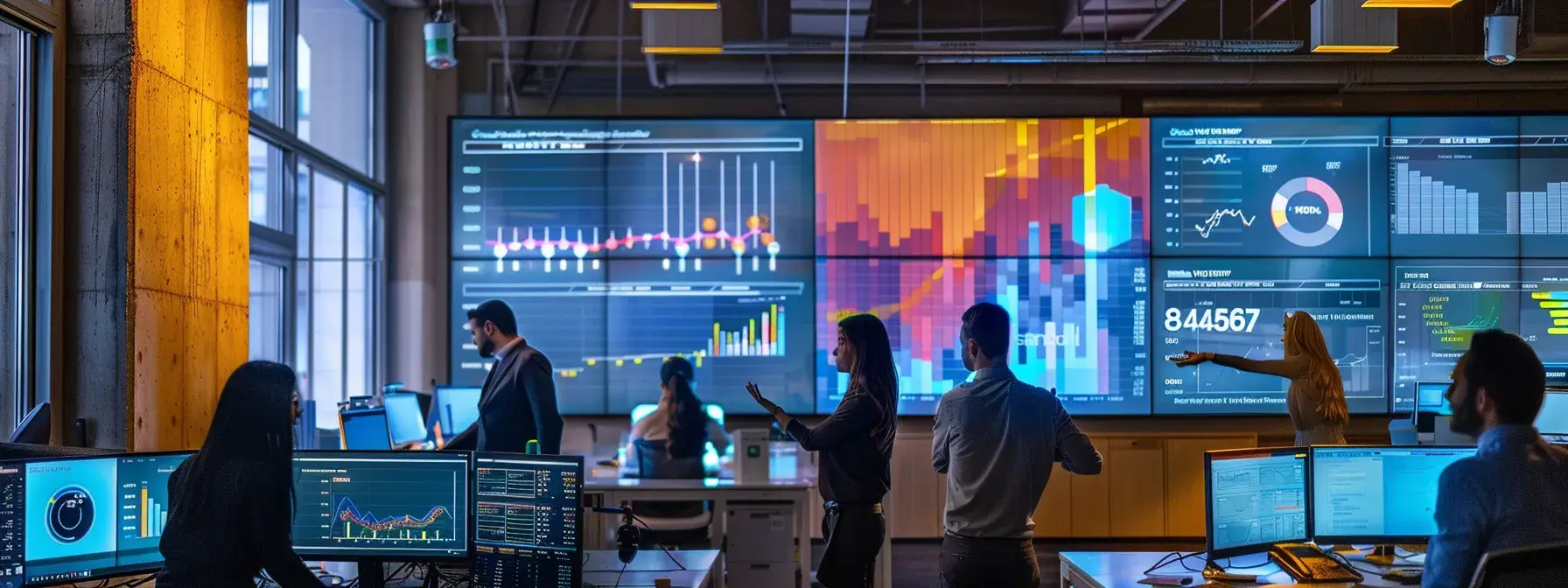 a sleek, modern office space with professionals collaborating over a digital dashboard displaying facebook pixel analytics, illuminated by bright overhead lights and equipped with high-tech monitors showcasing real estate data and advertising metrics.