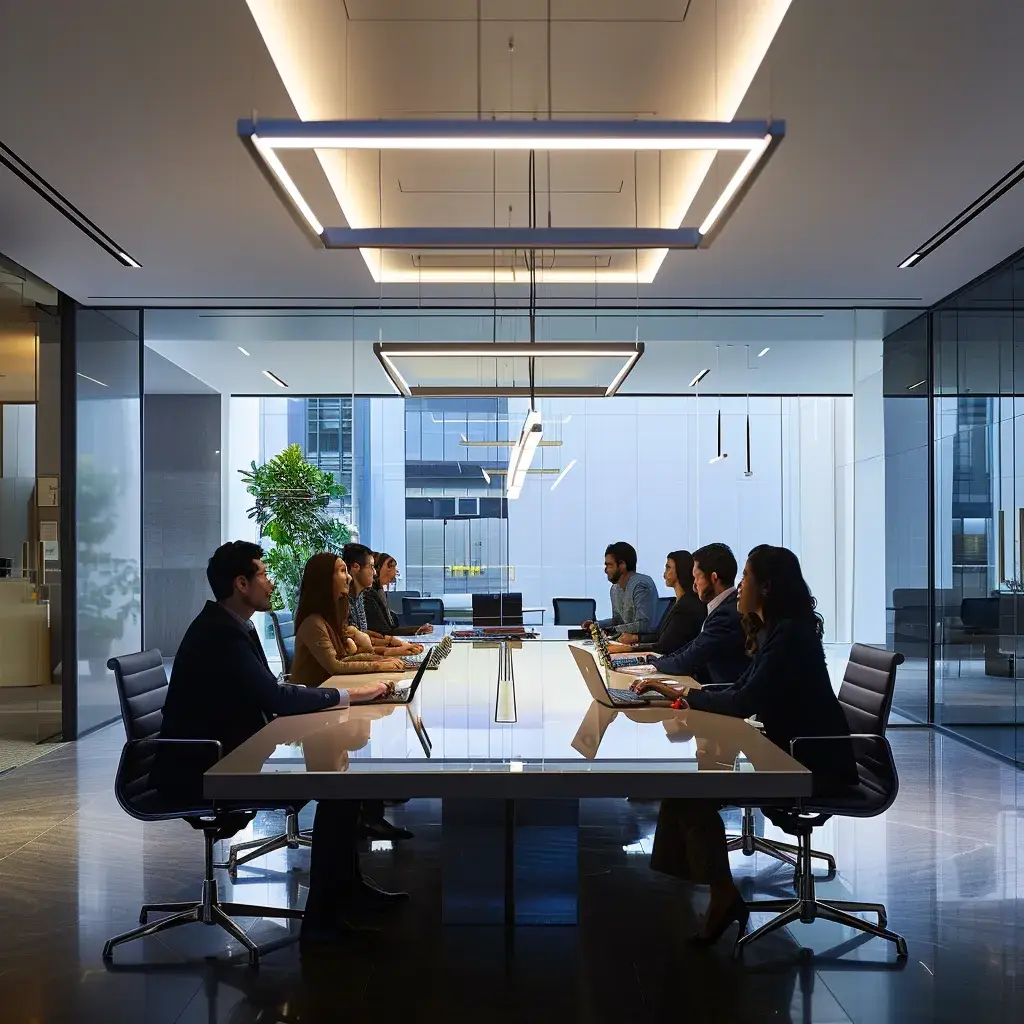 a sleek, modern office space features a large conference table illuminated by warm overhead lighting, where a diverse group of professionals passionately engages in a brainstorming session.