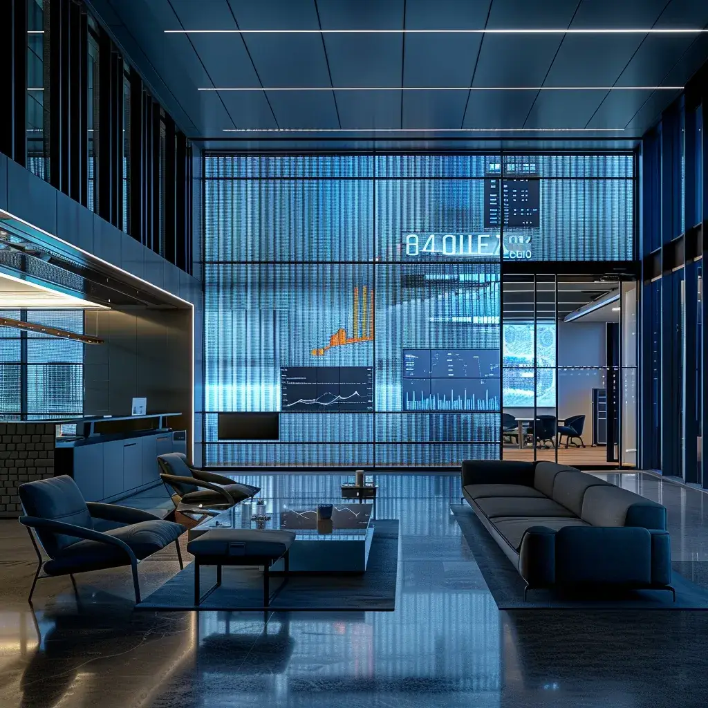 a sleek, modern office space showcases a large, illuminated screen displaying dynamic data visualizations against elegantly designed furniture and cutting-edge technology.