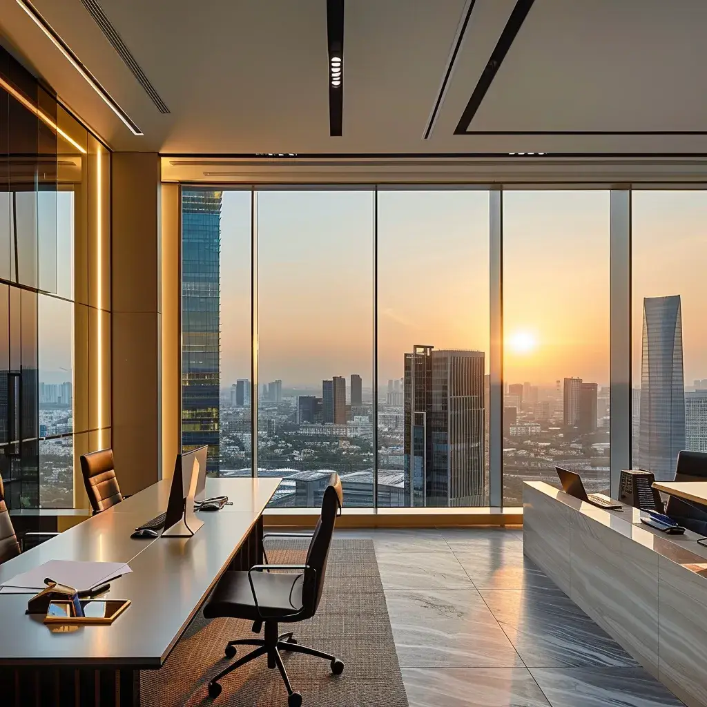 a sleek, modern office space with a large glass window showcasing a bustling city skyline, bathed in warm artificial lighting, emphasizes the theme of innovative business solutions.