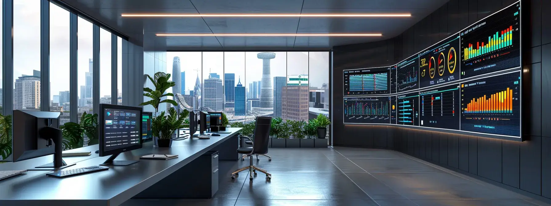 a sleek, modern office space with multiple screens displaying vibrant graphs and metrics, showcasing real-time ppc campaign performance analysis for a real estate website.