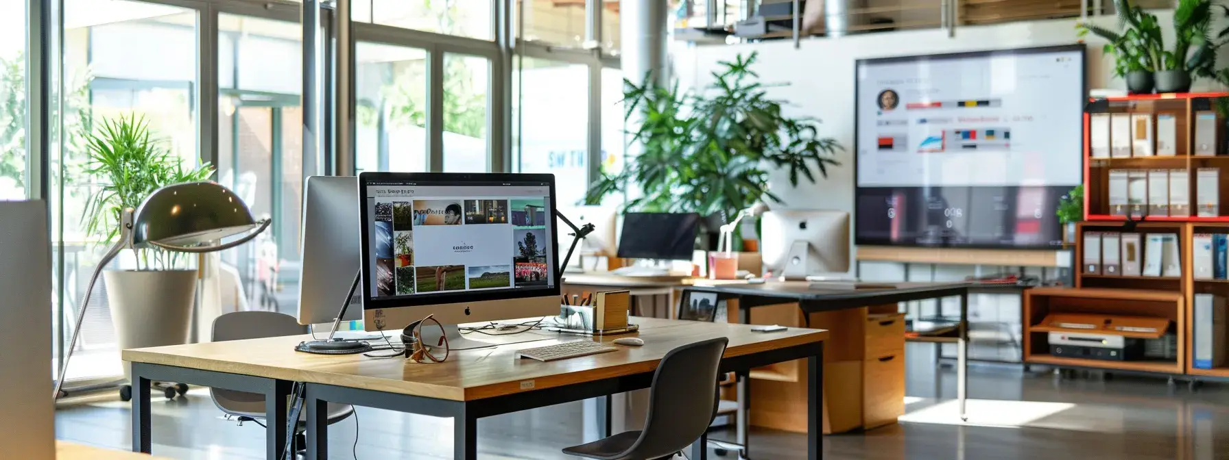 a sleek, modern office space featuring a large monitor displaying an engaging real estate website, surrounded by stylish furnishings and a vibrant branding board that illustrates effective social media strategies for realtors.