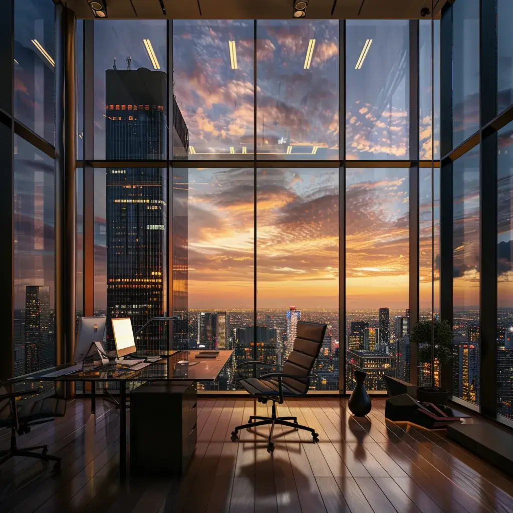 a sleek, modern office with expansive glass windows showcasing a dynamic city skyline, lit by the warm glow of sunset, embodies innovation and ambition.