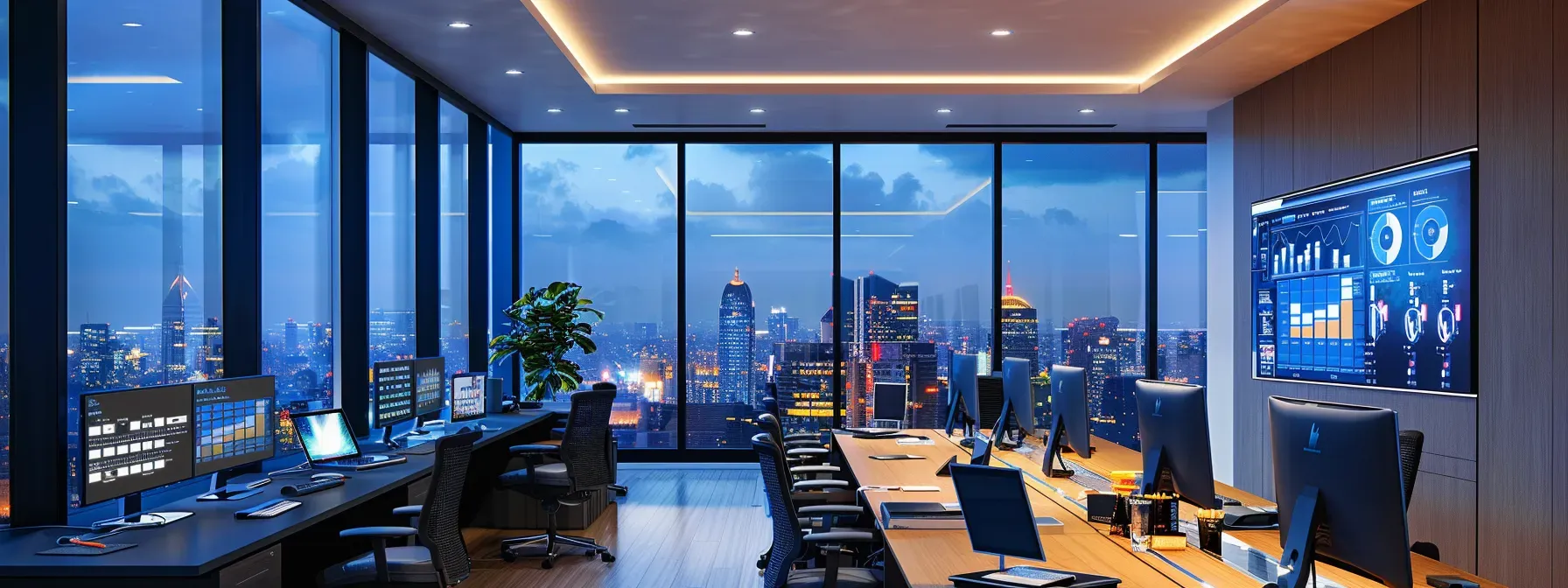 a sleek, modern office workspace showcases a dynamic digital interface on a large screen, displaying personalized user insights and behavior analytics to enhance online engagement, with a subtle urban backdrop visible through expansive windows.
