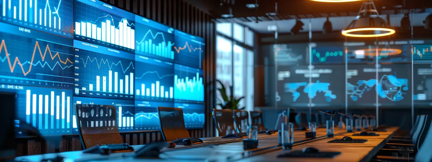 a sleek, modern office workspace features a large screen displaying dynamic graphs and data metrics related to realtor lead tracking, illuminated by focused overhead lights that emphasize the organized chaos of a high-tech strategy session.