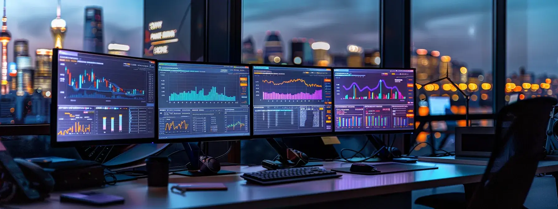 a sleek, modern office workspace equipped with multiple high-resolution monitors displaying vibrant analytics dashboards, charts, and metrics relevant to realtor website performance, illuminated by focused overhead lighting to create an atmosphere of professionalism and focus.