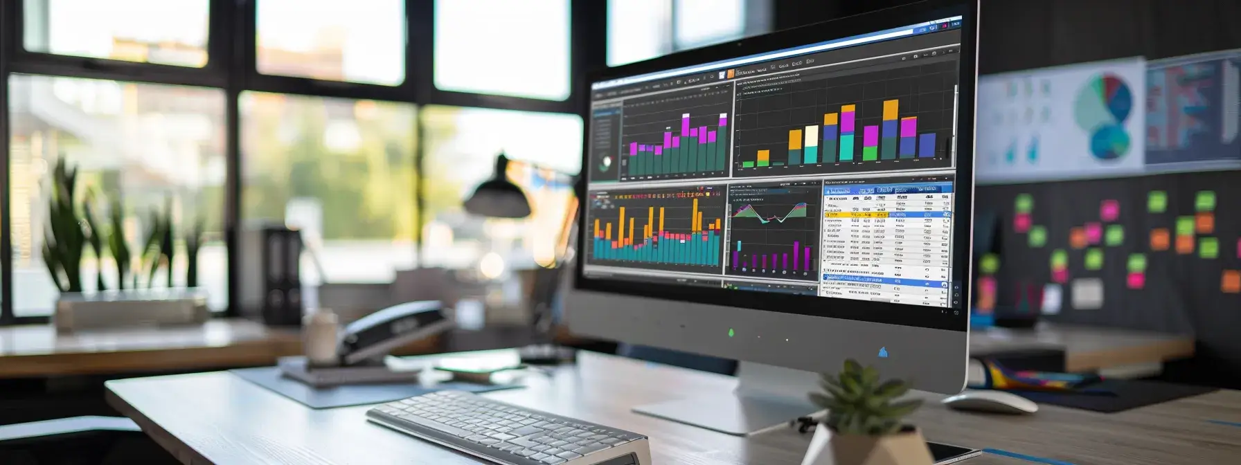 a sleek, modern office workspace showcases a sophisticated analytics dashboard on multiple screens, emphasizing data-driven strategies for optimizing real estate conversion rates amidst a backdrop of vibrant digital marketing materials.