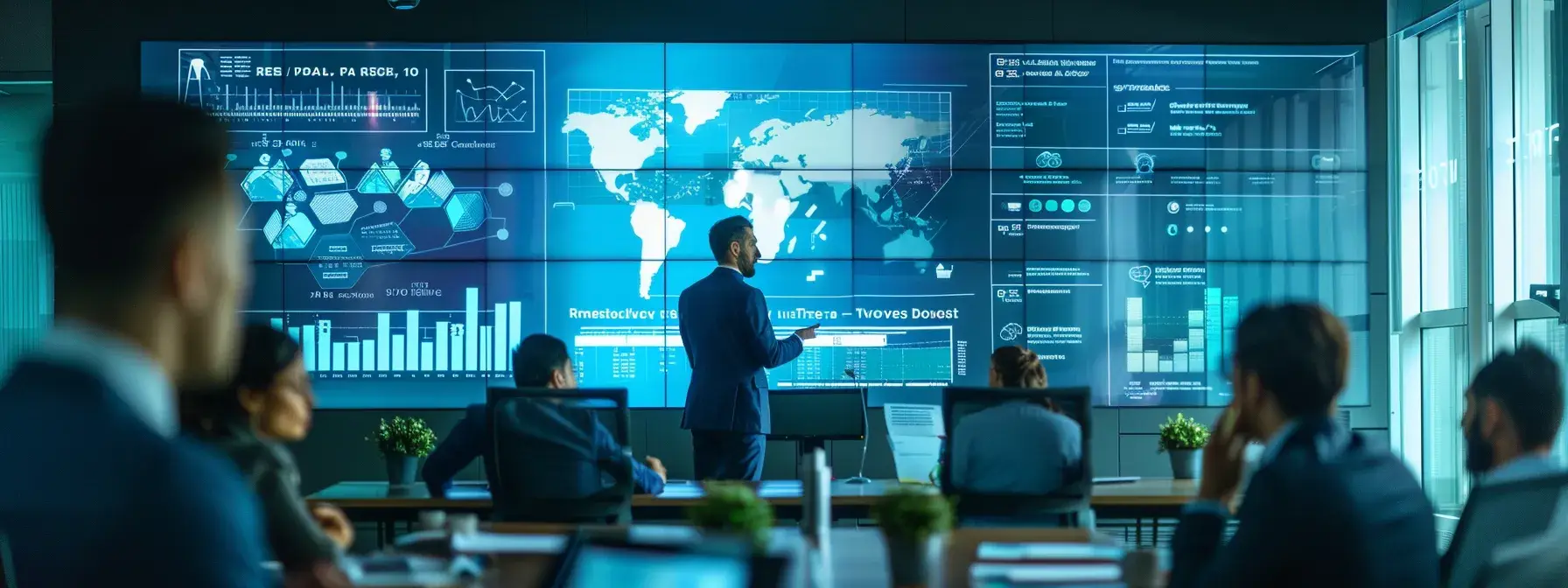 a sleek, modern office workspace features a luminous digital screen displaying vibrant real estate ad examples, surrounded by strategic brainstorming notes and a focused marketer analyzing audience personas, all under dynamic artificial lighting that emphasizes productivity and creativity.