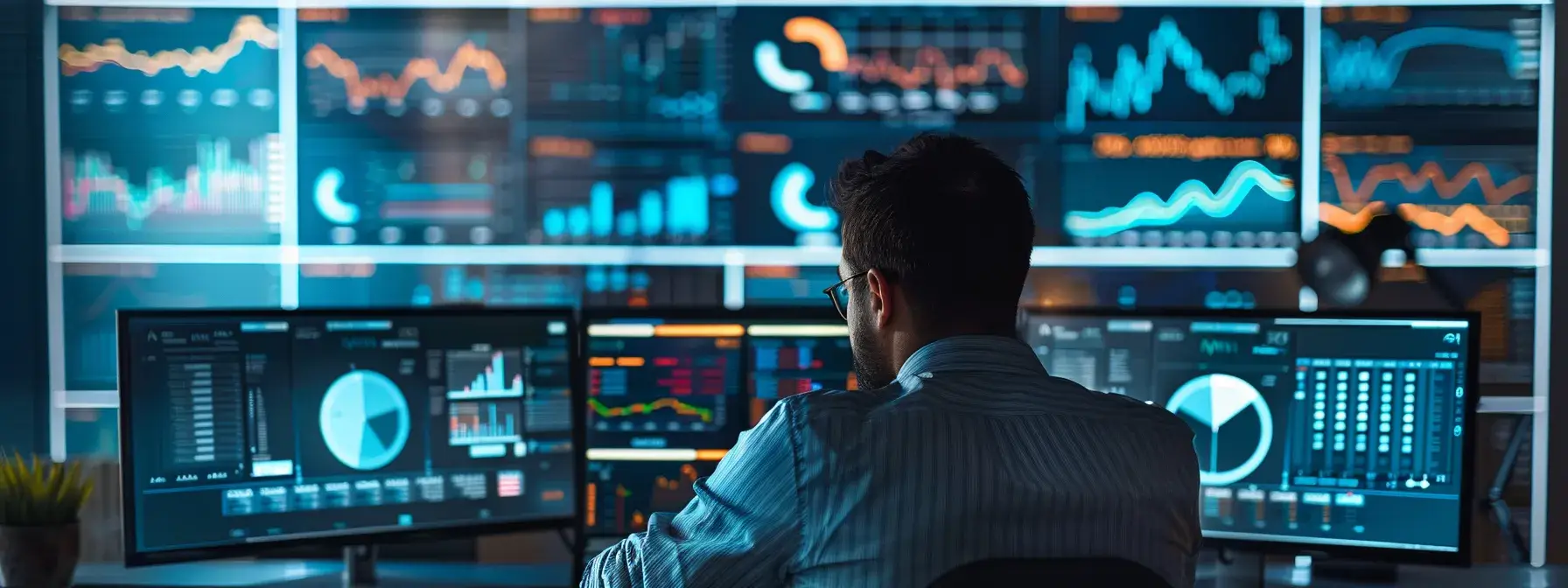a sleek, modern office workspace showcases a digital marketing expert analyzing seo metrics on a large screen, surrounded by vibrant charts and graphs that symbolize traffic growth and website optimization, illuminated by bright, focused lighting.