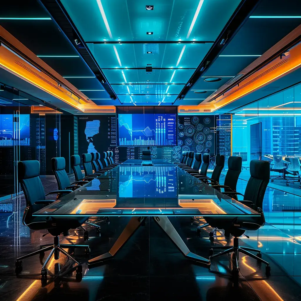 a sleek, modern office workspace is illuminated by dynamic artificial lighting, featuring a polished conference table at the center, surrounded by stylish ergonomic chairs and a large digital screen displaying vibrant data visualizations.