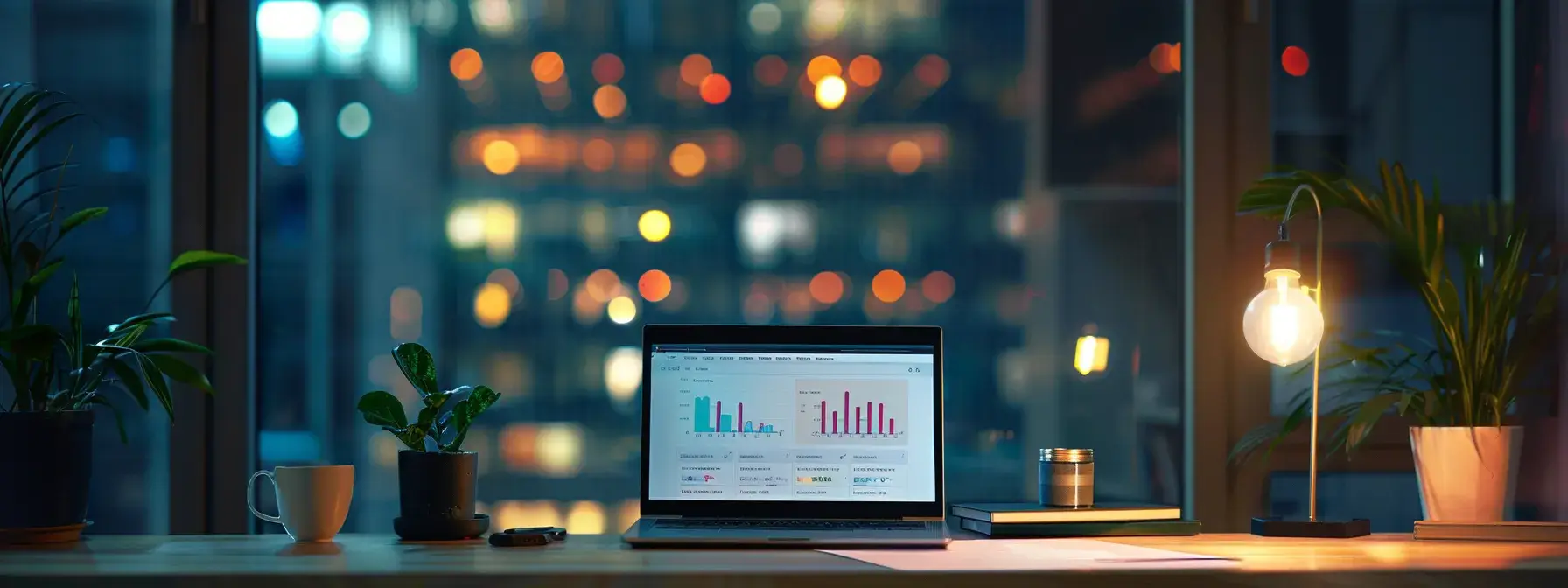 a sleek, modern office workspace features a strategically placed laptop displaying a colorful email marketing dashboard, illuminated by focused led lights, conveying a sense of productivity and innovation in digital marketing strategies.