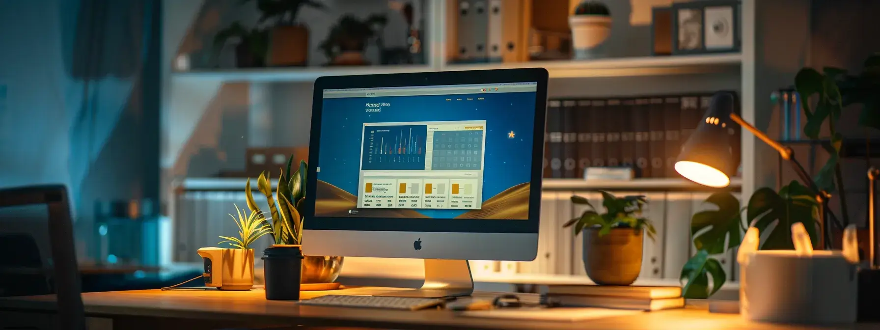 a sleek, modern office workspace is illuminated by soft, ambient lighting, showcasing a computer screen displaying a vibrant and user-friendly realtor landing page with clear calls to action, emphasizing strategies for enhancing conversion rates in the digital marketing landscape.