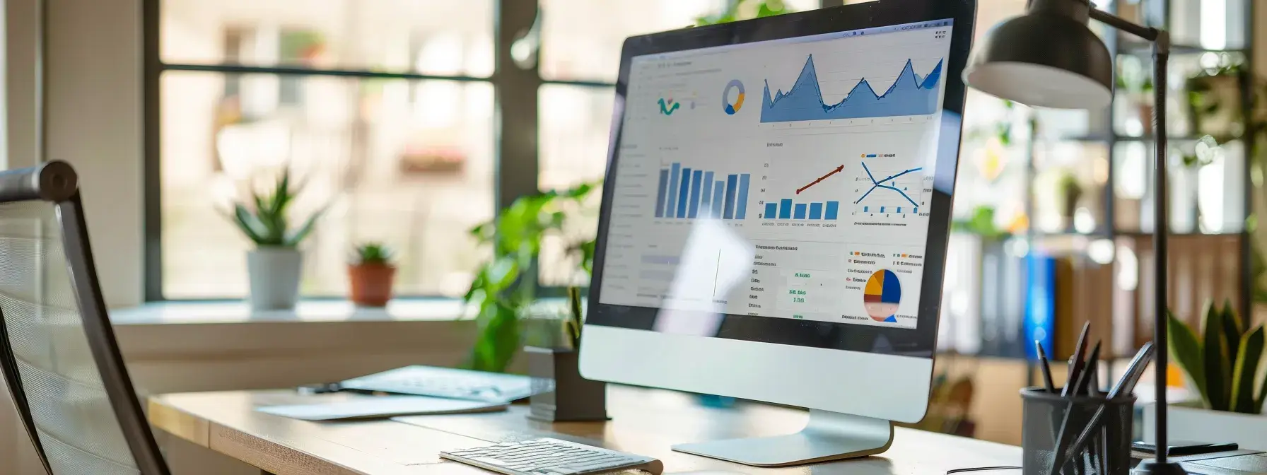 a sleek, modern office workspace features a computer screen displaying an optimized real estate landing page, contrasting with vibrant analytics graphs and lead capture forms, emphasizing the drive for higher conversion rates in digital marketing.