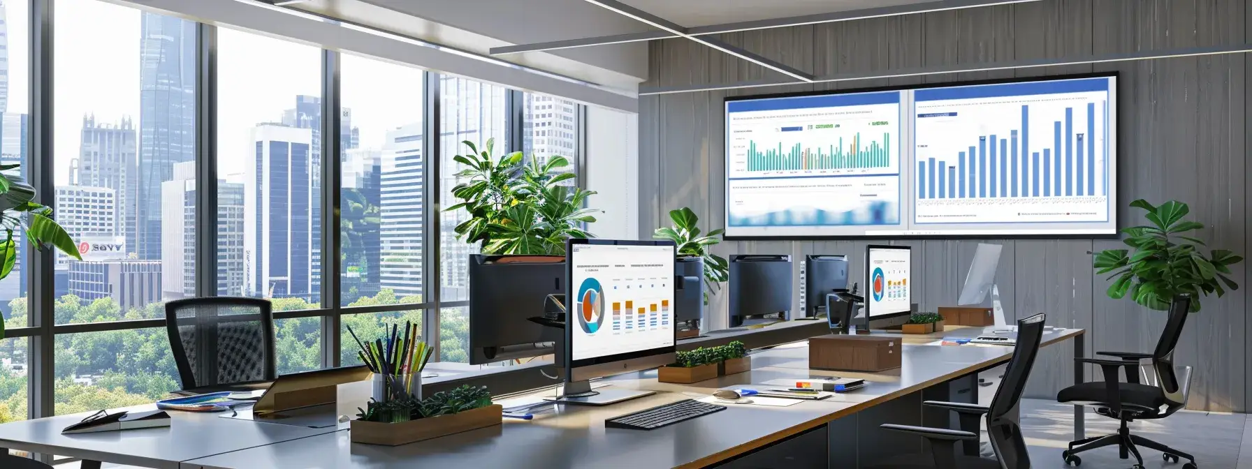 a sleek, modern office workspace features an array of digital screens displaying engaging retargeting ad metrics and colorful graphs, emphasizing strategic planning and innovative marketing tailored for realtors.