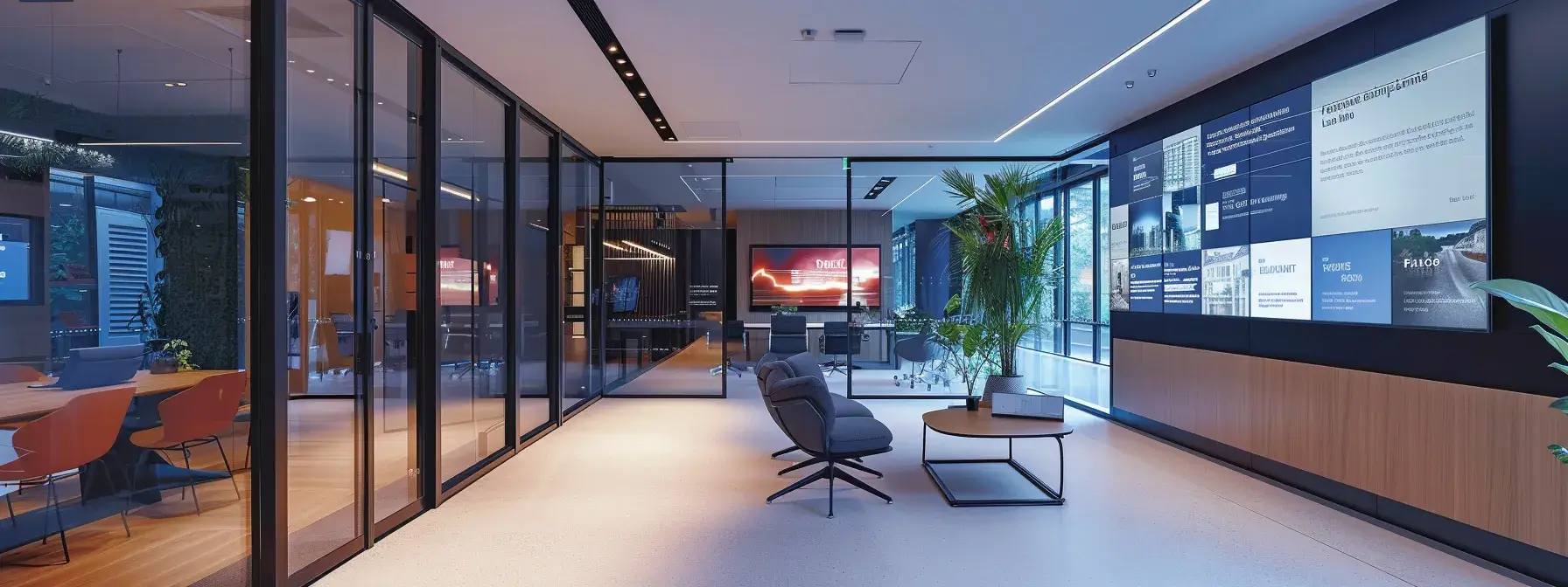 a sleek, modern real estate office is illuminated by soft, natural light, featuring a large digital screen displaying an engaging chatbot interface, surrounded by vibrant visuals of successful property transactions to convey the theme of innovative lead generation.