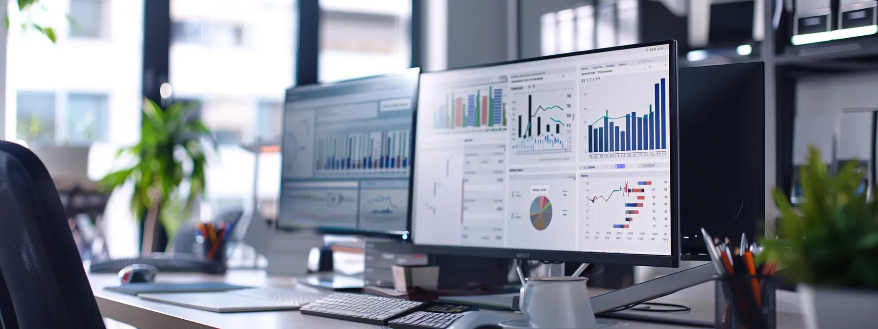 a sleek office workspace showcases a computer screen displaying vibrant graphs and analytics, with a modern layout emphasizing user behavior metrics crucial for enhancing a realtor website's performance.